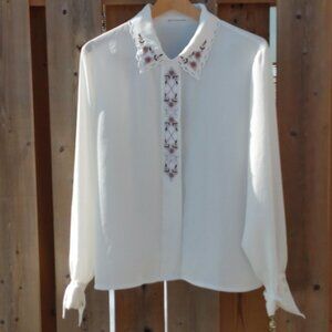 VINTAGE Romantic Collared Blouse Woman's Size 14 Floral Embroidery